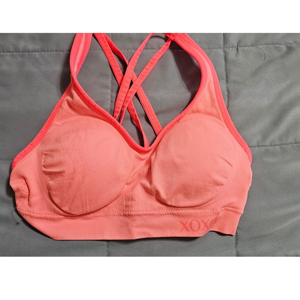 XOXO Sport Womens Medium Coral Pink Strappy Crisscross Seamless Sports Bra